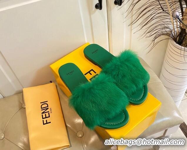 Popular Style Fendi Rabbit Fur Flat Slide Sandals Green 014044