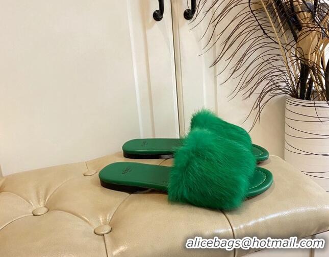 Popular Style Fendi Rabbit Fur Flat Slide Sandals Green 014044