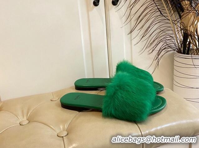 Popular Style Fendi Rabbit Fur Flat Slide Sandals Green 014044