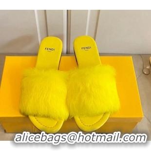 Sophisticated Fendi Rabbit Fur Flat Slide Sandals Yellow 014045