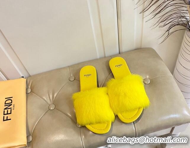 Sophisticated Fendi Rabbit Fur Flat Slide Sandals Yellow 014045