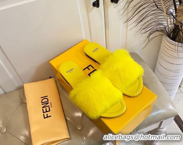 Sophisticated Fendi Rabbit Fur Flat Slide Sandals Yellow 014045