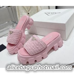 Top Design Prada Monolith Crochet Platform Slide Sandals 5cm Pink 704064