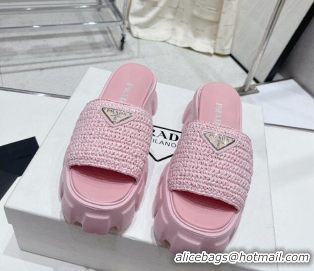 Top Design Prada Monolith Crochet Platform Slide Sandals 5cm Pink 704064