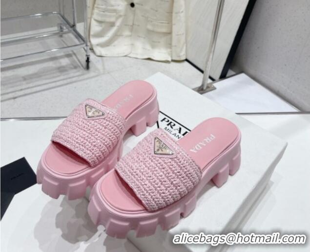 Top Design Prada Monolith Crochet Platform Slide Sandals 5cm Pink 704064