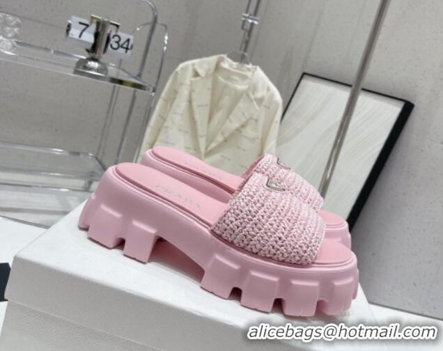 Top Design Prada Monolith Crochet Platform Slide Sandals 5cm Pink 704064