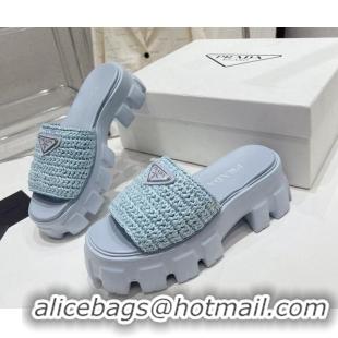 Stylish Prada Monolith Crochet Platform Slide Sandals 5cm Blue 704065