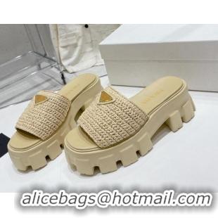 Duplicate Prada Monolith Crochet Platform Slide Sandals 5cm Beige 704067