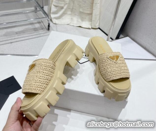 Duplicate Prada Monolith Crochet Platform Slide Sandals 5cm Beige 704067