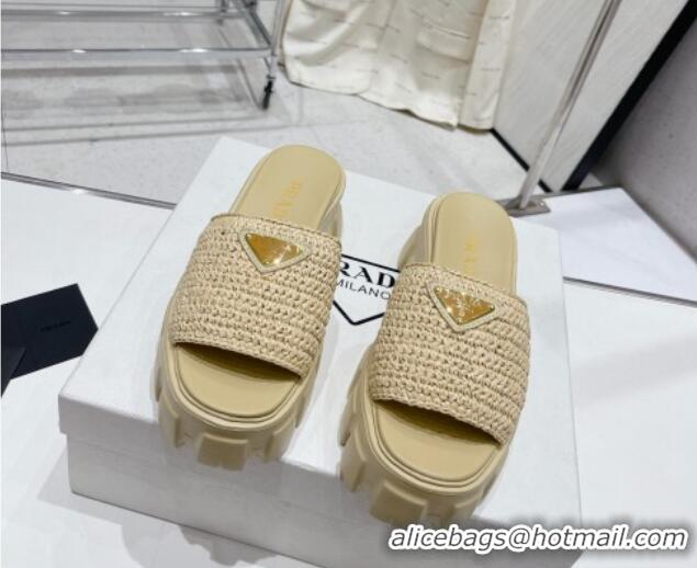 Duplicate Prada Monolith Crochet Platform Slide Sandals 5cm Beige 704067