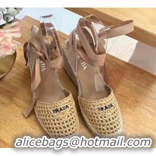 Good Product Prada Crochet Wedge Pumps 8cm with Ankle Lace Beige 704069