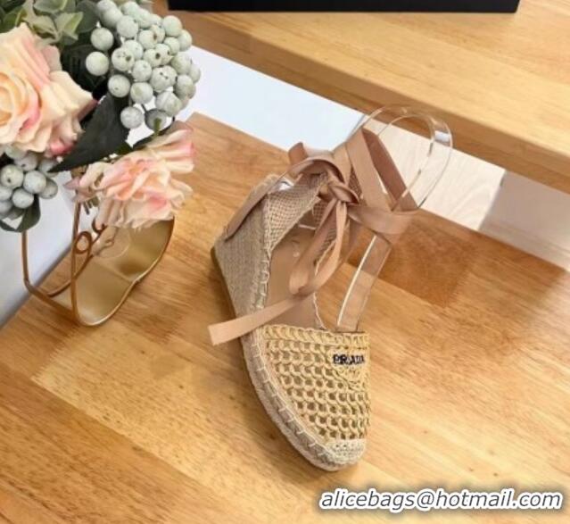 Good Product Prada Crochet Wedge Pumps 8cm with Ankle Lace Beige 704069