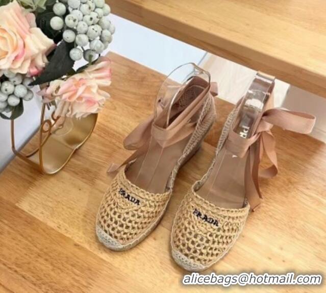 Good Product Prada Crochet Wedge Pumps 8cm with Ankle Lace Beige 704069