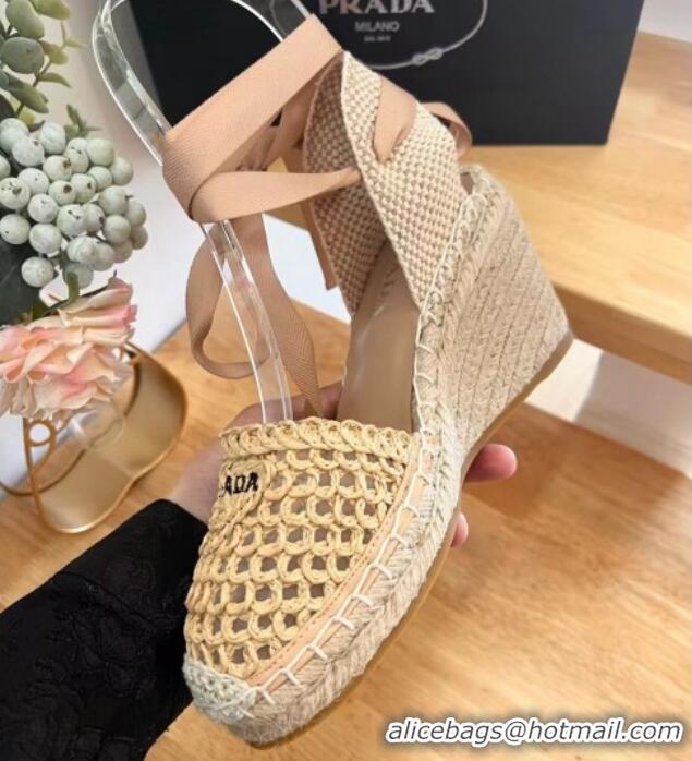 Good Product Prada Crochet Wedge Pumps 8cm with Ankle Lace Beige 704069