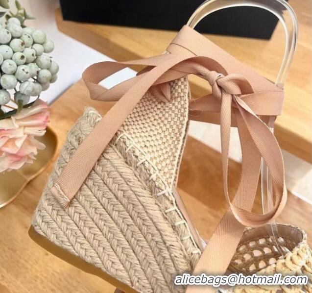 Good Product Prada Crochet Wedge Pumps 8cm with Ankle Lace Beige 704069