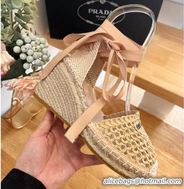 Good Product Prada Crochet Wedge Pumps 8cm with Ankle Lace Beige 704069