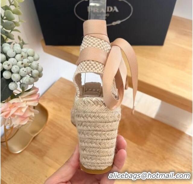 Good Product Prada Crochet Wedge Pumps 8cm with Ankle Lace Beige 704069