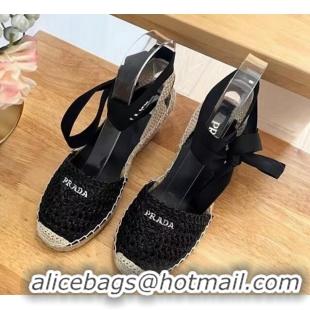 Big Discount Prada Crochet Wedge Pumps 8cm with Ankle Lace Black 704070