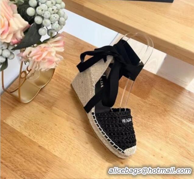 Big Discount Prada Crochet Wedge Pumps 8cm with Ankle Lace Black 704070