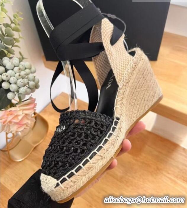 Big Discount Prada Crochet Wedge Pumps 8cm with Ankle Lace Black 704070