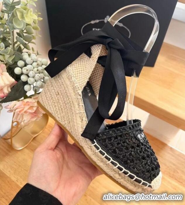 Big Discount Prada Crochet Wedge Pumps 8cm with Ankle Lace Black 704070