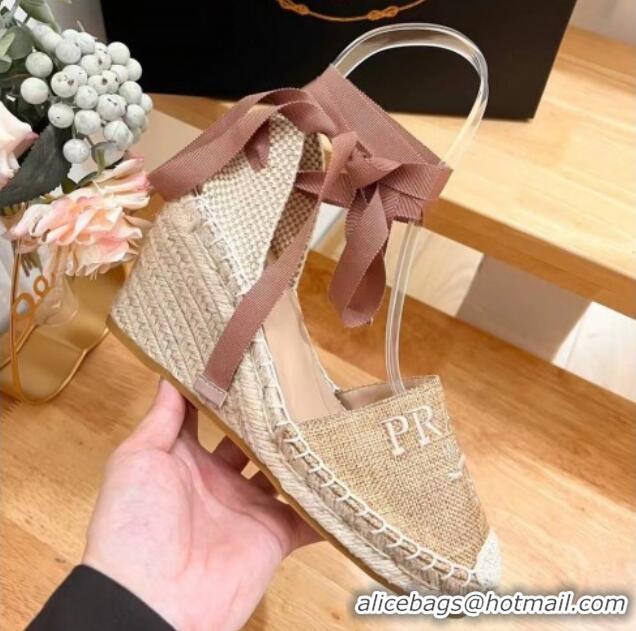 Buy Discount Prada Linen Fabric Wedge Pumps 8cm Beige 704073