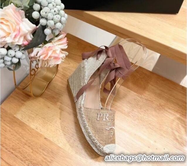 Buy Discount Prada Linen Fabric Wedge Pumps 8cm Beige 704073