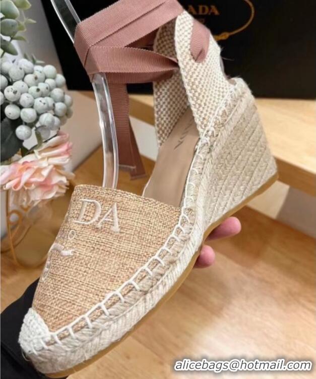 Buy Discount Prada Linen Fabric Wedge Pumps 8cm Beige 704073