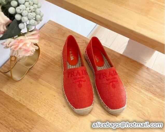 Perfect Prada Linen Fabric Flat Espadrilles Red 704076