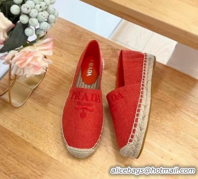 Perfect Prada Linen Fabric Flat Espadrilles Red 704076