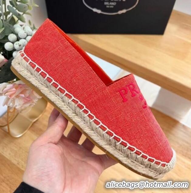 Perfect Prada Linen Fabric Flat Espadrilles Red 704076