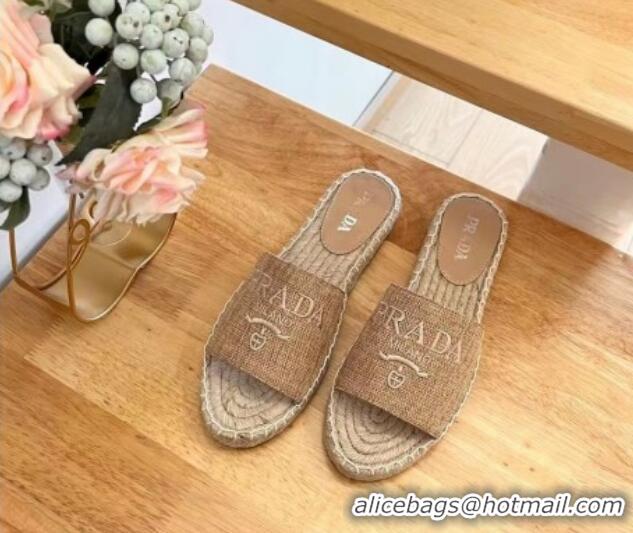 Trendy Design Prada Linen Fabric Flat Slide Sandals Beige 704077