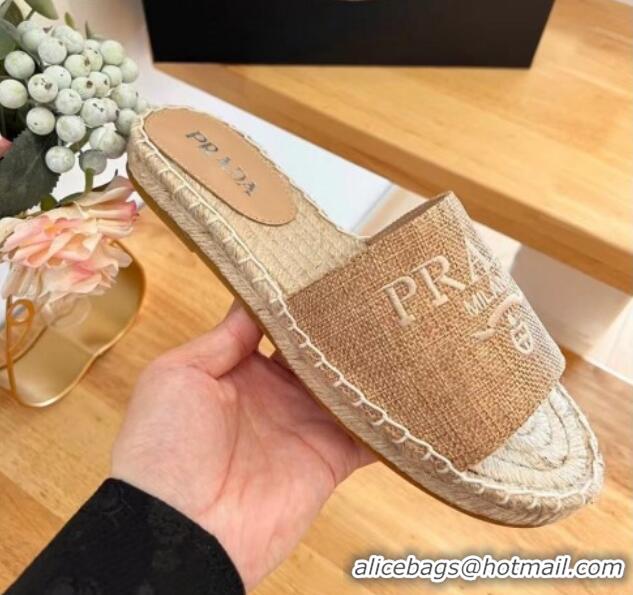 Trendy Design Prada Linen Fabric Flat Slide Sandals Beige 704077