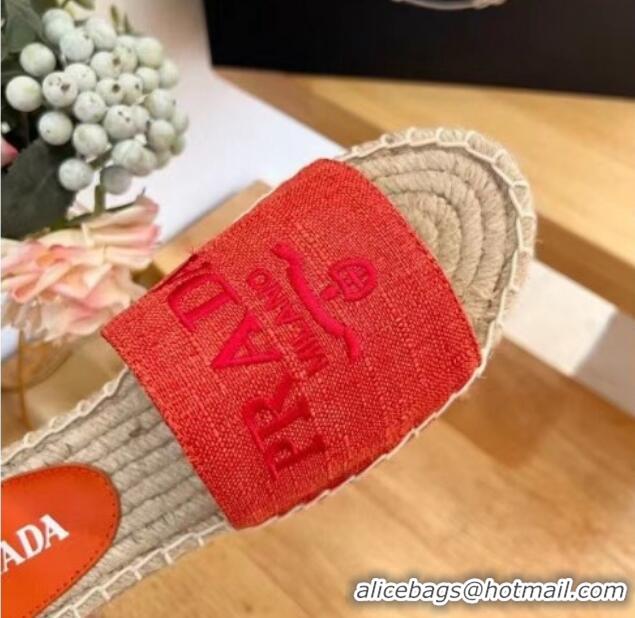 Most Popular Prada Linen Fabric Flat Slide Sandals Red 704078