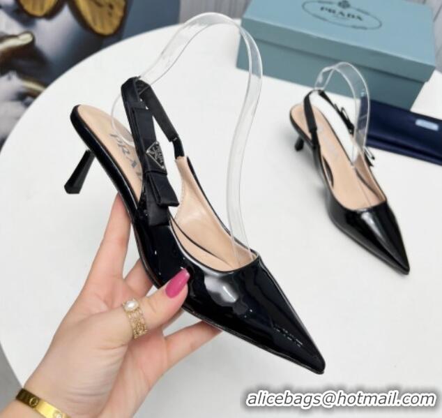 Sumptuous Prada Patent leather Slingbacks Pumps 5cm with Logo Bow Black 0712016