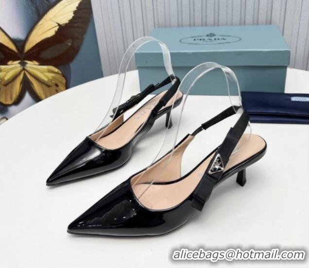 Sumptuous Prada Patent leather Slingbacks Pumps 5cm with Logo Bow Black 0712016