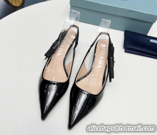 Sumptuous Prada Patent leather Slingbacks Pumps 5cm with Logo Bow Black 0712016