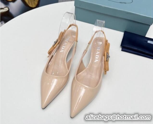 Good Quality Prada Patent leather Slingbacks Pumps 5cm with Logo Bow Nude 712017