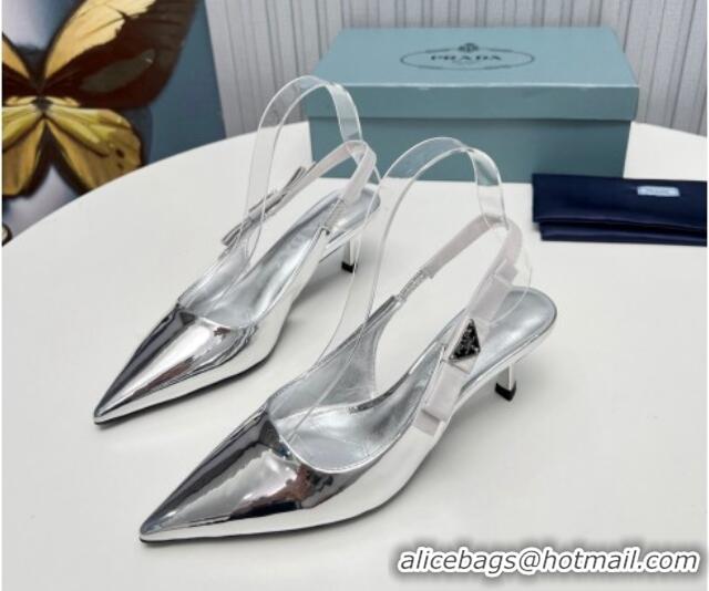 Good Taste Prada Metallic Patent leather Slingbacks Pumps 5cm with Logo Bow Silver 0712019