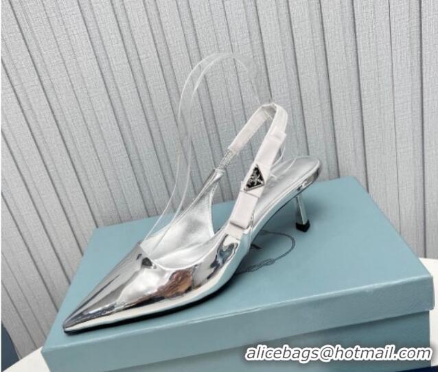 Good Taste Prada Metallic Patent leather Slingbacks Pumps 5cm with Logo Bow Silver 0712019