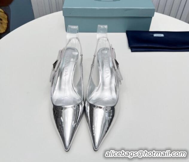 Good Taste Prada Metallic Patent leather Slingbacks Pumps 5cm with Logo Bow Silver 0712019