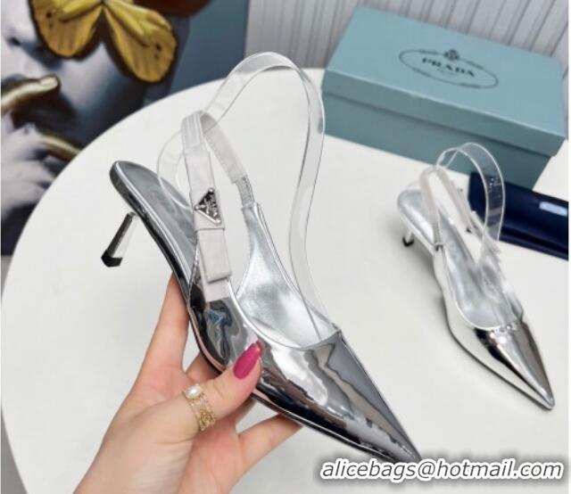 Good Taste Prada Metallic Patent leather Slingbacks Pumps 5cm with Logo Bow Silver 0712019