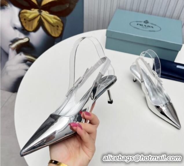 Good Taste Prada Metallic Patent leather Slingbacks Pumps 5cm with Logo Bow Silver 0712019