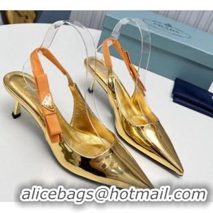 Unique Style Prada Metallic Patent leather Slingbacks Pumps 5cm with Logo Bow Gold 712020