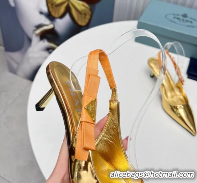 Unique Style Prada Metallic Patent leather Slingbacks Pumps 5cm with Logo Bow Gold 712020