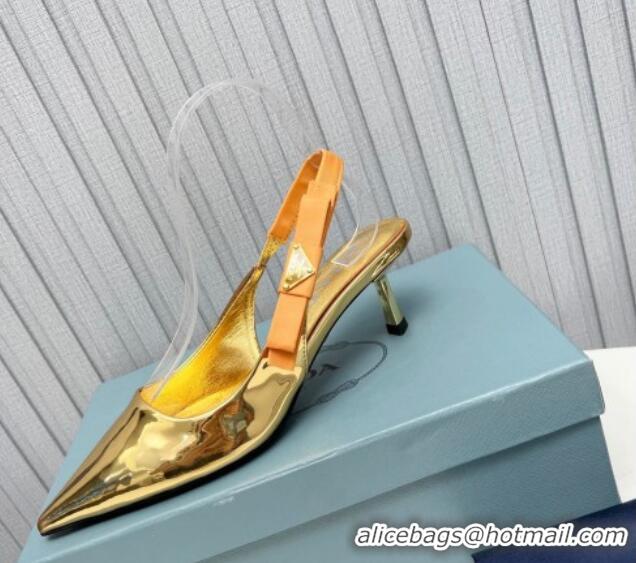 Unique Style Prada Metallic Patent leather Slingbacks Pumps 5cm with Logo Bow Gold 712020