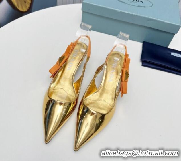 Unique Style Prada Metallic Patent leather Slingbacks Pumps 5cm with Logo Bow Gold 712020