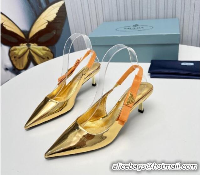 Unique Style Prada Metallic Patent leather Slingbacks Pumps 5cm with Logo Bow Gold 712020