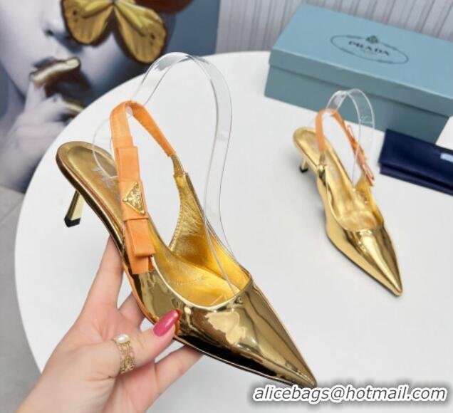 Unique Style Prada Metallic Patent leather Slingbacks Pumps 5cm with Logo Bow Gold 712020