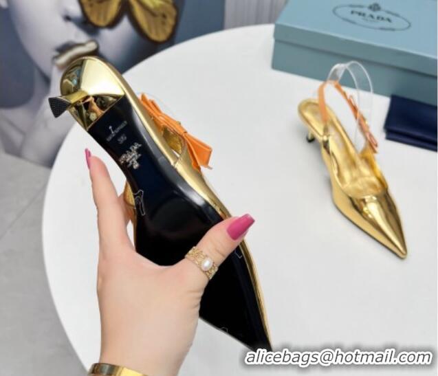 Unique Style Prada Metallic Patent leather Slingbacks Pumps 5cm with Logo Bow Gold 712020